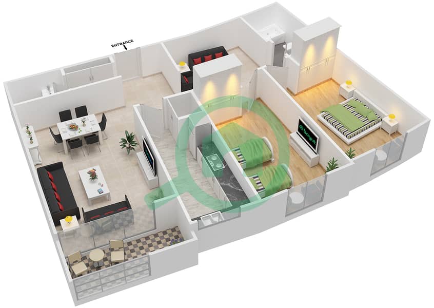 Аль Дана 2 - Апартамент 2 Cпальни планировка Единица измерения 3 interactive3D