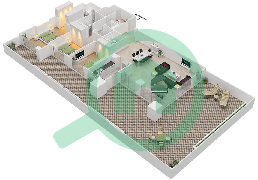 المخططات الطابقية لتصميم النموذج 3B-1 شقة 3 غرف نوم - شقق وردة 2 interactive3D