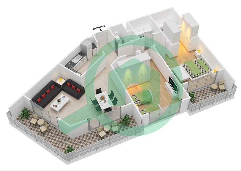 المخططات الطابقية لتصميم النموذج D شقة 2 غرفة نوم - مانغروف بليس interactive3D