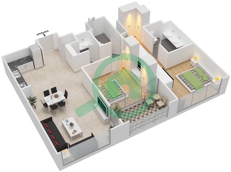 المخططات الطابقية لتصميم الوحدة 10 FLOOR 16-34 شقة 2 غرفة نوم - فيدا زعبيل interactive3D