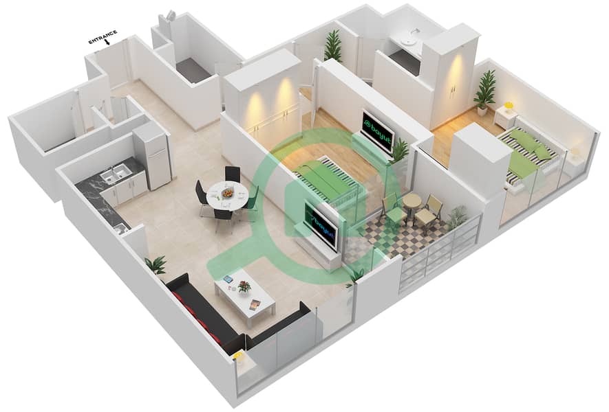 Vida Za'abeel - 2 Bedroom Apartment Unit 3 FLOOR 52-69 Floor plan interactive3D