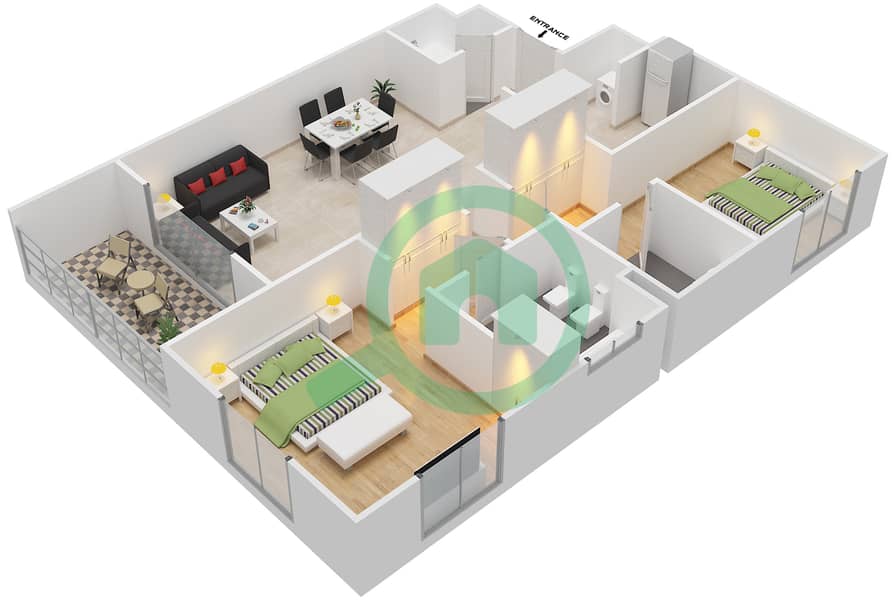 Аль Дар Тауэр - Апартамент 2 Cпальни планировка Тип L2 interactive3D