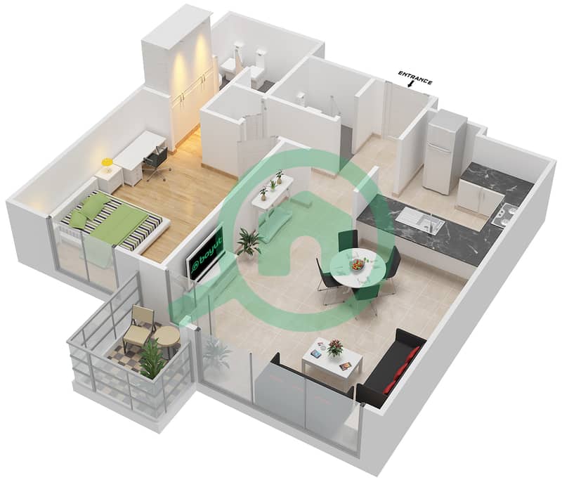المخططات الطابقية لتصميم النموذج H شقة 1 غرفة نوم - برج الدار interactive3D