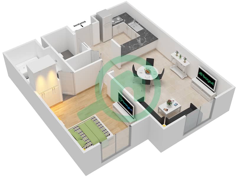 المخططات الطابقية لتصميم النموذج R شقة 1 غرفة نوم - برج الدار interactive3D