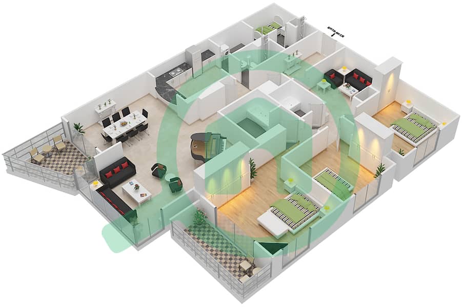 المخططات الطابقية لتصميم النموذج A شقة 3 غرف نوم - فلل المسك interactive3D