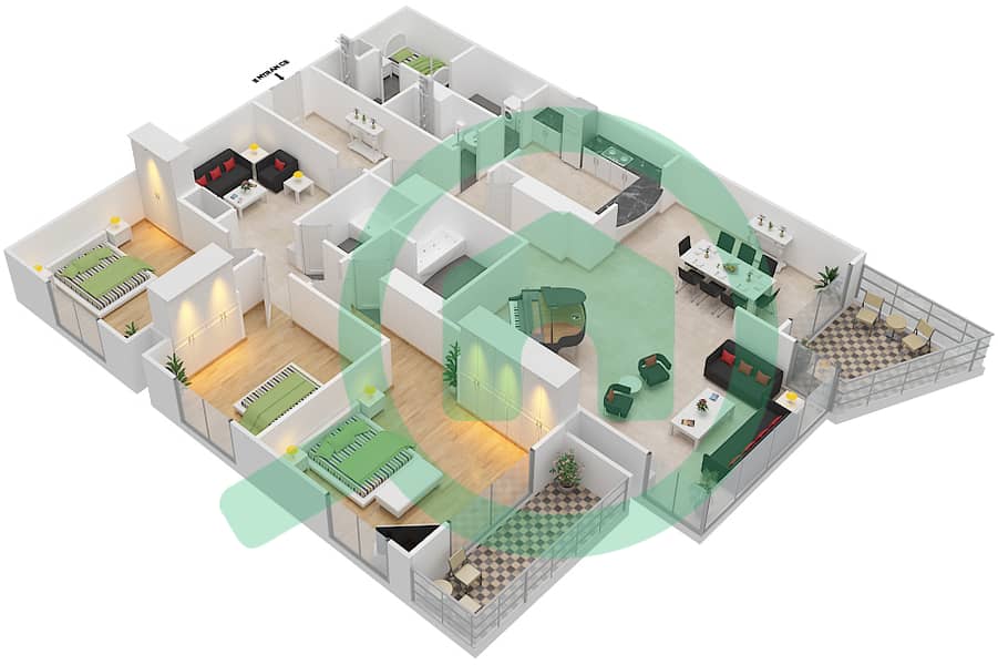 Al Mesk Villas - 3 Bedroom Apartment Type B Floor plan interactive3D