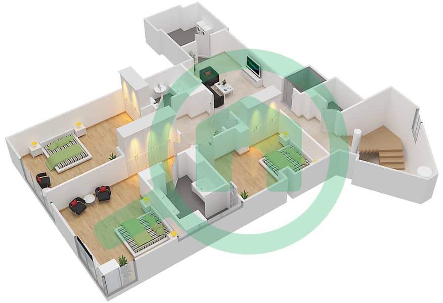 المخططات الطابقية لتصميم النموذج C شقة 3 غرف نوم - فلل المسك interactive3D