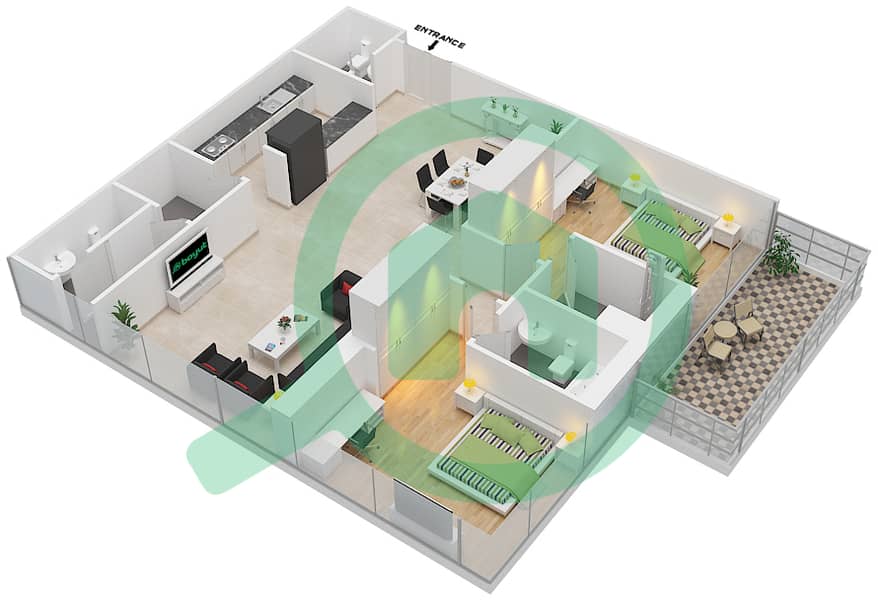 المخططات الطابقية لتصميم النموذج / الوحدة B/4 شقة 2 غرفة نوم - برج سيلفرين A interactive3D