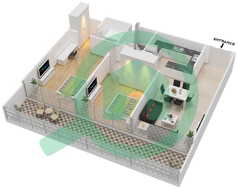 المخططات الطابقية لتصميم النموذج / الوحدة A/5-6 شقة 2 غرفة نوم - برج سيلفرين A interactive3D