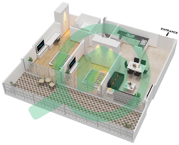 المخططات الطابقية لتصميم النموذج / الوحدة A/3-16 شقة 2 غرفة نوم - برج سيلفرين A interactive3D