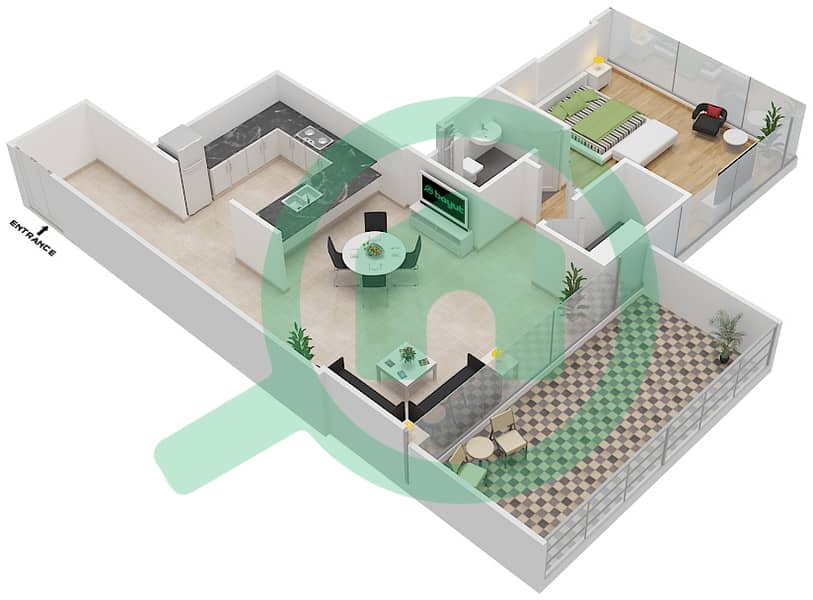 المخططات الطابقية لتصميم النموذج / الوحدة A/2 شقة 1 غرفة نوم - برج سيلفرين A interactive3D