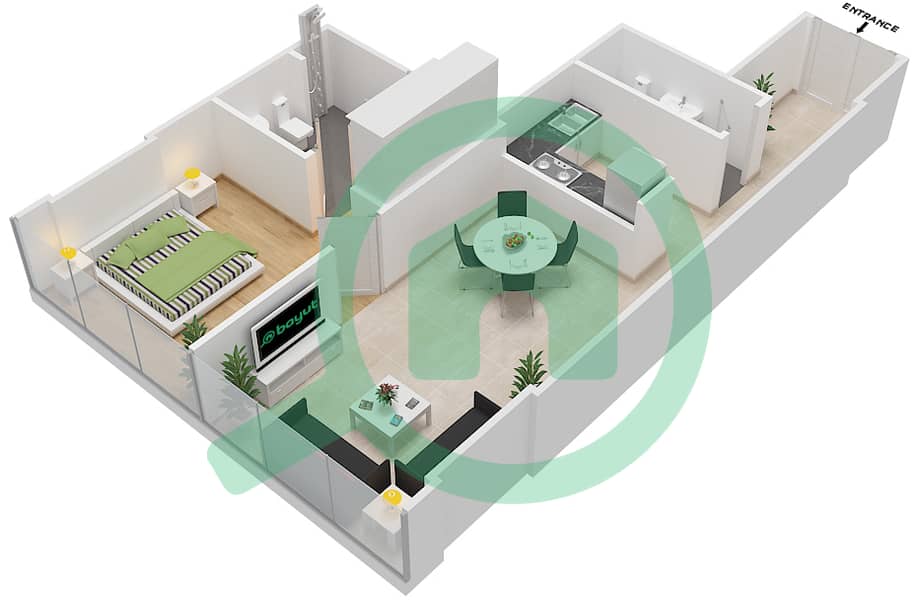 المخططات الطابقية لتصميم النموذج / الوحدة B/3 شقة 1 غرفة نوم - برج سيلفرين A interactive3D