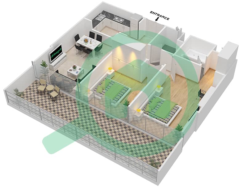 置银大厦A座 - 2 卧室公寓类型／单位C/6戶型图 interactive3D