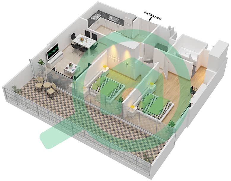 المخططات الطابقية لتصميم النموذج / الوحدة C/7 شقة 2 غرفة نوم - برج سيلفرين A interactive3D