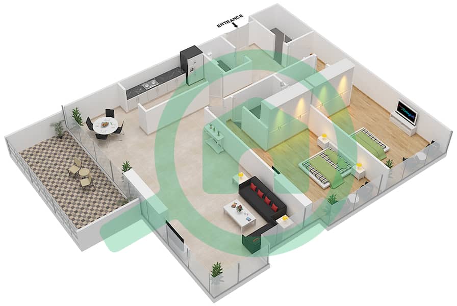 置银大厦A座 - 2 卧室公寓类型／单位D/8-9戶型图 interactive3D