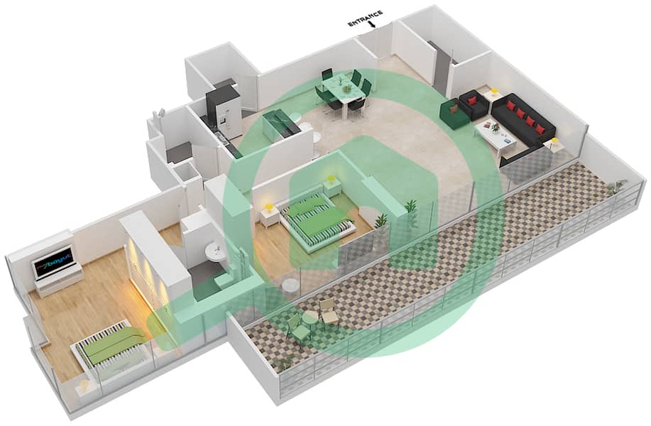المخططات الطابقية لتصميم النموذج / الوحدة E/5 شقة 2 غرفة نوم - برج سيلفرين A interactive3D