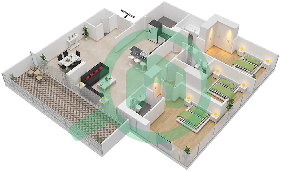 置银大厦A座 - 3 卧室公寓类型／单位C/7-8戶型图 interactive3D