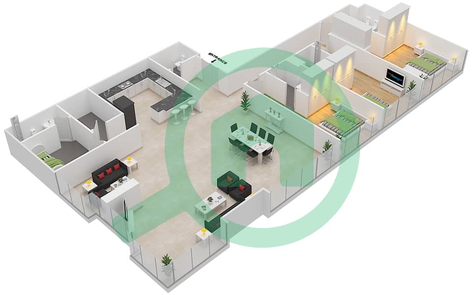 المخططات الطابقية لتصميم النموذج / الوحدة A/2 شقة 3 غرف نوم - برج سيلفرين B interactive3D