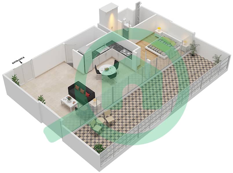 المخططات الطابقية لتصميم النموذج / الوحدة C/1,12 شقة 1 غرفة نوم - برج سيلفرين B interactive3D