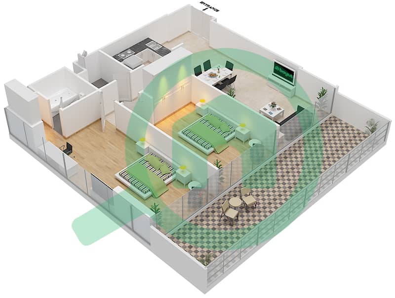 置银大厦B座 - 2 卧室公寓类型／单位F/2,11戶型图 interactive3D