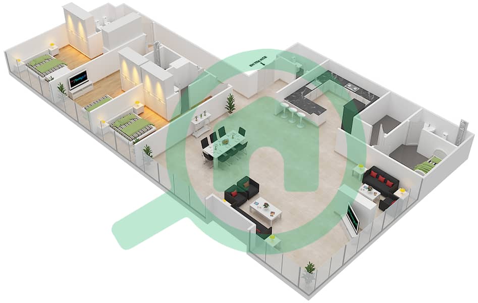 المخططات الطابقية لتصميم النموذج / الوحدة A/1,3 شقة 3 غرف نوم - برج سيلفرين B interactive3D