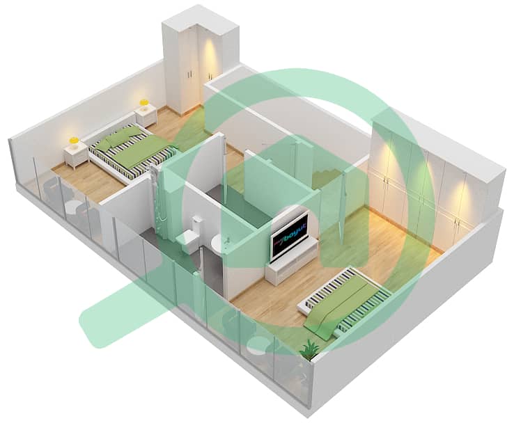 المخططات الطابقية لتصميم النموذج / الوحدة A/1,12 شقة 2 غرفة نوم - برج سيلفرين B interactive3D