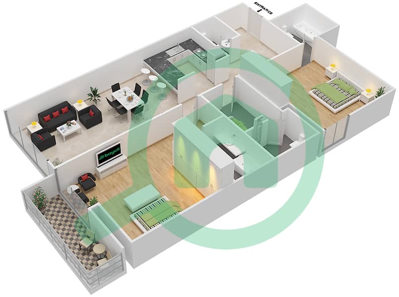 المخططات الطابقية لتصميم الوحدة 1 FLOOR 1 شقة 2 غرفة نوم - ليف ريزيدنس interactive3D