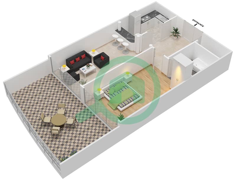 梦想之塔1号 - 1 卧室公寓类型3戶型图 interactive3D