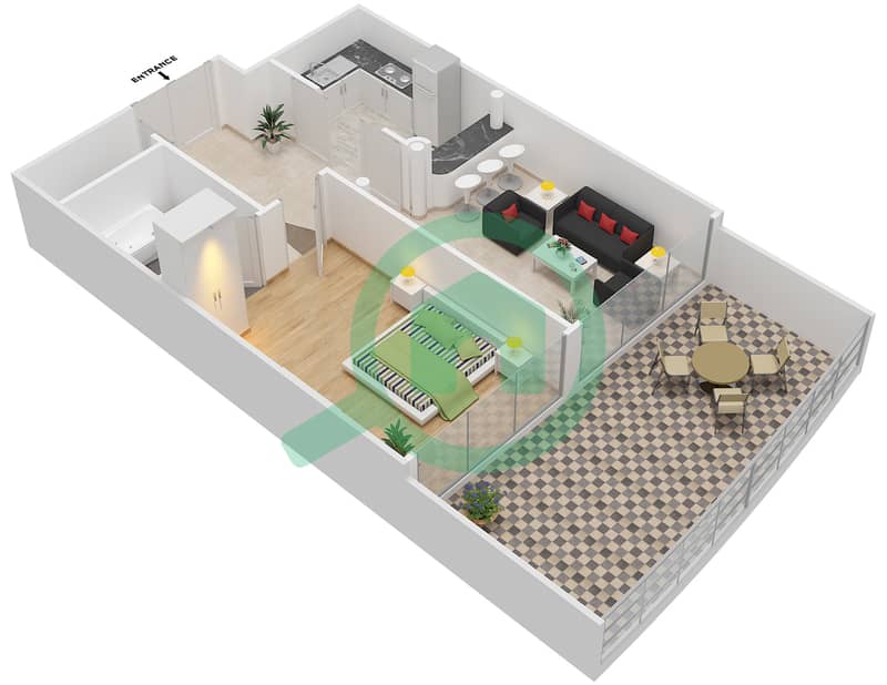 المخططات الطابقية لتصميم النموذج 10 شقة 1 غرفة نوم - دريم تاور 1 interactive3D