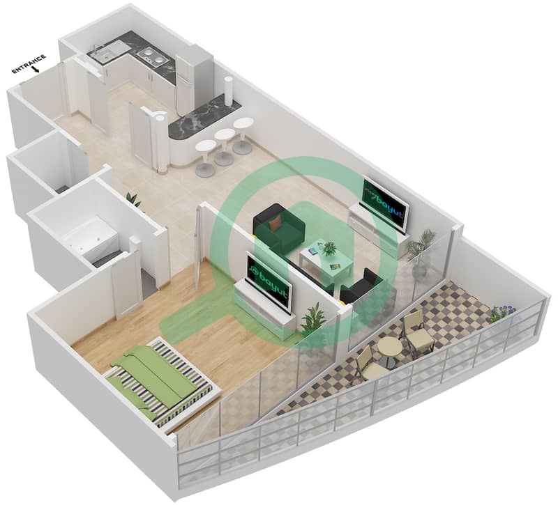 梦想之塔1号 - 1 卧室公寓类型5戶型图 interactive3D