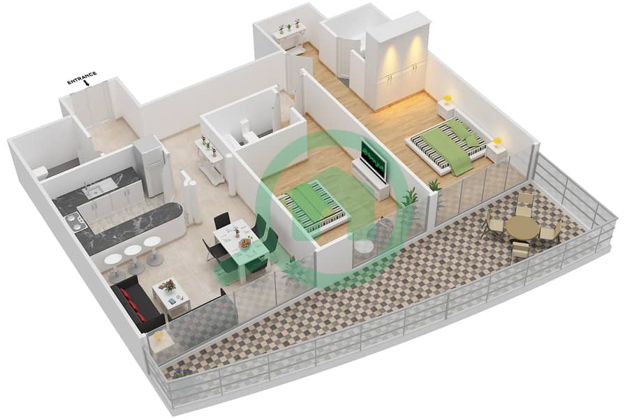 梦想之塔1号 - 2 卧室公寓类型6戶型图 interactive3D