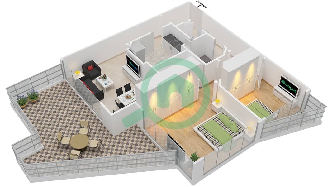 المخططات الطابقية لتصميم النموذج 7 شقة 2 غرفة نوم - دريم تاور 1 interactive3D