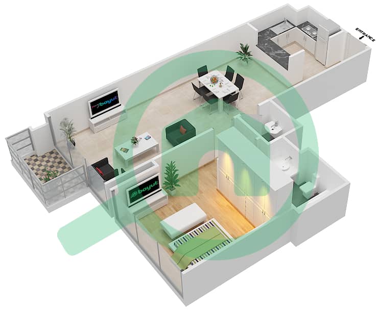 المخططات الطابقية لتصميم الوحدة 4 FLOOR 1 شقة 1 غرفة نوم - ليف ريزيدنس interactive3D