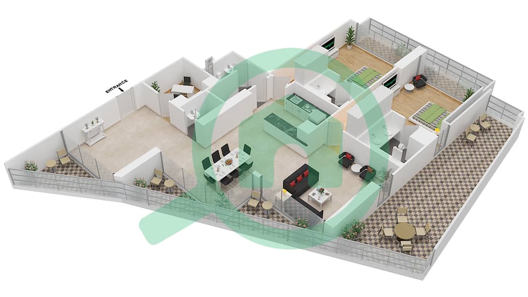 المخططات الطابقية لتصميم الوحدة 106 FLOOR 1 شقة 2 غرفة نوم - ليف ريزيدنس interactive3D
