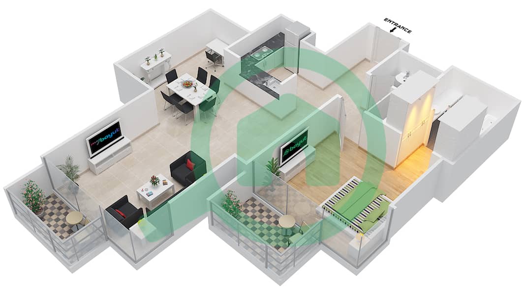 المخططات الطابقية لتصميم الوحدة 7 FLOOR 1-2 شقة 1 غرفة نوم - ليف ريزيدنس interactive3D