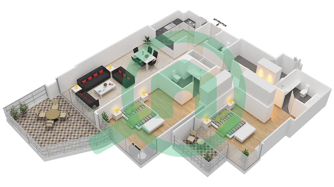 المخططات الطابقية لتصميم الوحدة 8 FLOOR 1 شقة 2 غرفة نوم - ليف ريزيدنس interactive3D