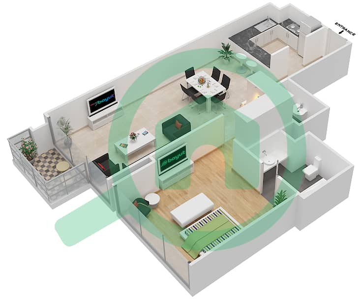 المخططات الطابقية لتصميم الوحدة 4 FLOOR 2 شقة 1 غرفة نوم - ليف ريزيدنس interactive3D