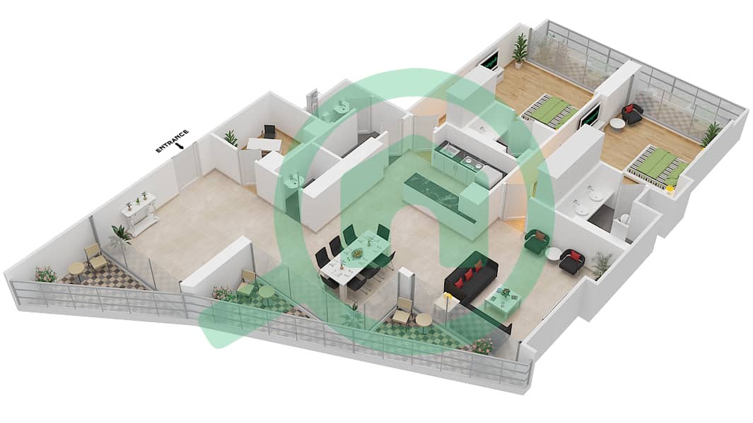 المخططات الطابقية لتصميم الوحدة 206 FLOOR 2 شقة 2 غرفة نوم - ليف ريزيدنس interactive3D