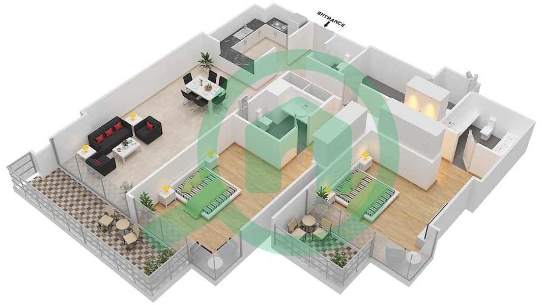 المخططات الطابقية لتصميم الوحدة 8 FLOOR 2 شقة 2 غرفة نوم - ليف ريزيدنس interactive3D