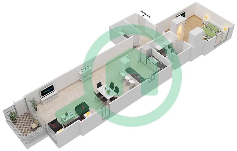 المخططات الطابقية لتصميم الوحدة 1 FLOOR 3-5,7-10,12,13 شقة 1 غرفة نوم - ليف ريزيدنس interactive3D