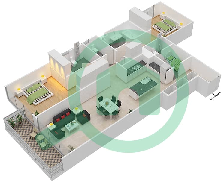 المخططات الطابقية لتصميم الوحدة 8 FLOOR 3 شقة 2 غرفة نوم - ليف ريزيدنس interactive3D