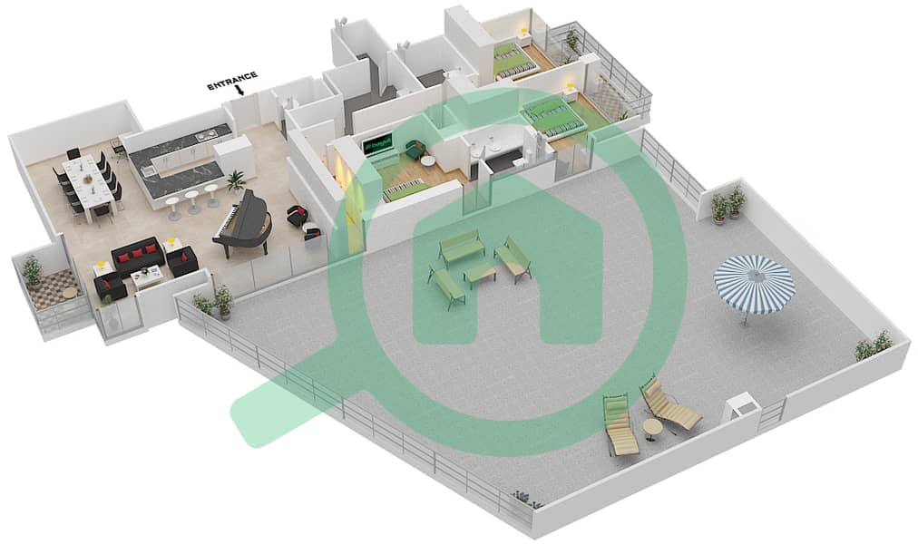 المخططات الطابقية لتصميم الوحدة 5 FLOOR 3 شقة 3 غرف نوم - ليف ريزيدنس interactive3D