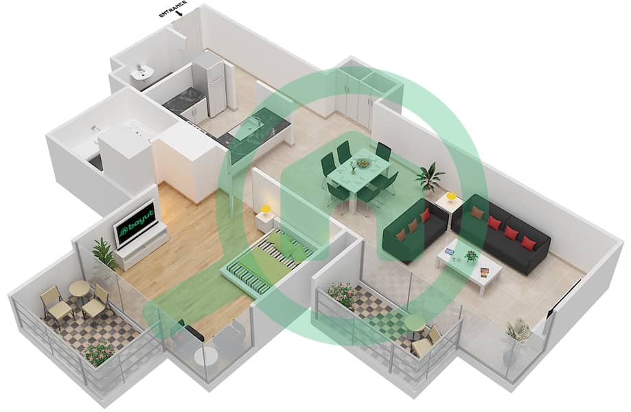 المخططات الطابقية لتصميم الوحدة 6 FLOOR 3 شقة 1 غرفة نوم - ليف ريزيدنس interactive3D