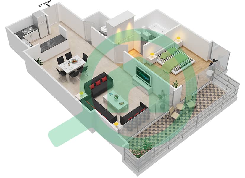المخططات الطابقية لتصميم الوحدة 7 FLOOR 3 شقة 1 غرفة نوم - ليف ريزيدنس interactive3D