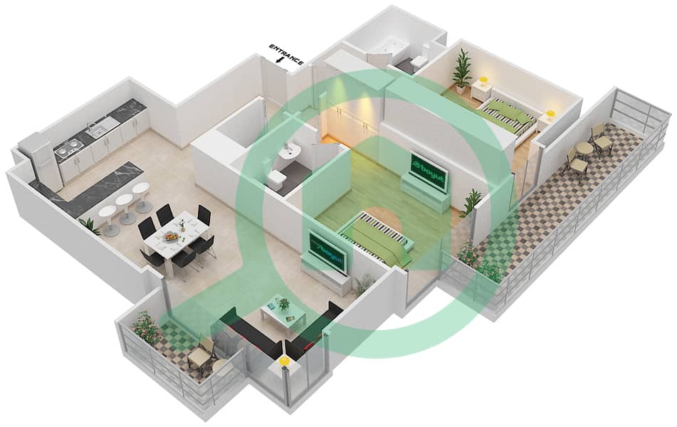 المخططات الطابقية لتصميم الوحدة 6 FLOOR 4,5,7-10,12,13 شقة 2 غرفة نوم - ليف ريزيدنس interactive3D