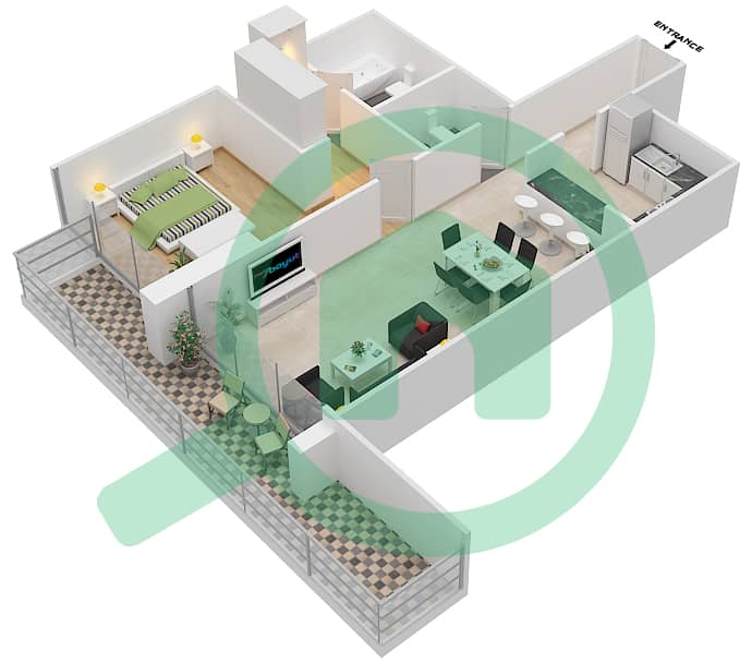 المخططات الطابقية لتصميم الوحدة 2 FLOOR 6 شقة 1 غرفة نوم - ليف ريزيدنس interactive3D