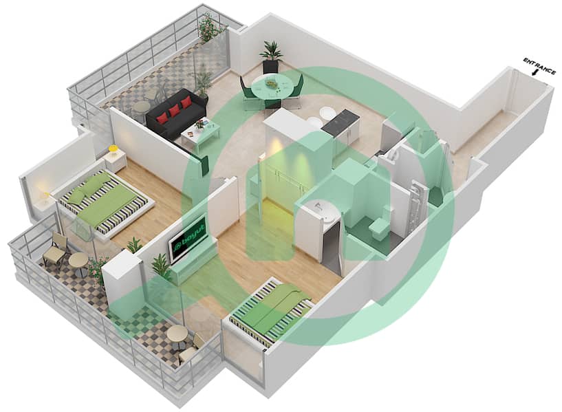 المخططات الطابقية لتصميم الوحدة 3 FLOOR 6 شقة 2 غرفة نوم - ليف ريزيدنس interactive3D