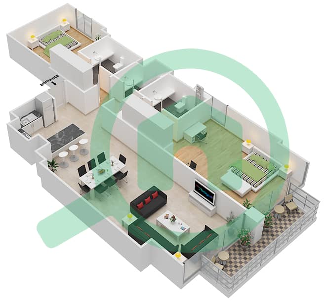 المخططات الطابقية لتصميم الوحدة 1 FLOOR 11 شقة 2 غرفة نوم - ليف ريزيدنس interactive3D