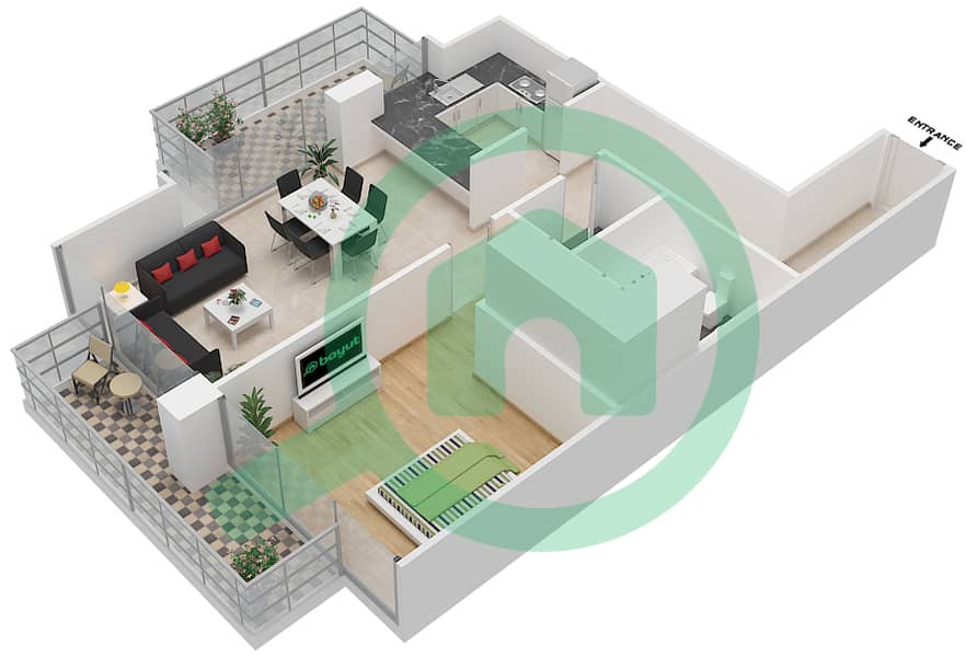 المخططات الطابقية لتصميم الوحدة 3 FLOOR 11 شقة 1 غرفة نوم - ليف ريزيدنس interactive3D