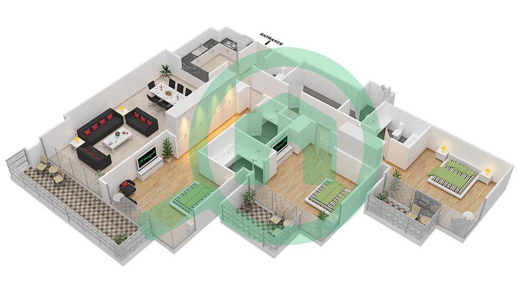 المخططات الطابقية لتصميم الوحدة 5 FLOOR 11,13-17,18-21 شقة 3 غرف نوم - ليف ريزيدنس interactive3D